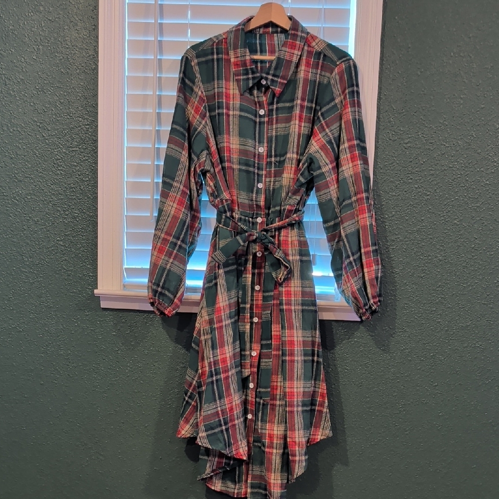 Plaid Button-Up Belted Dress